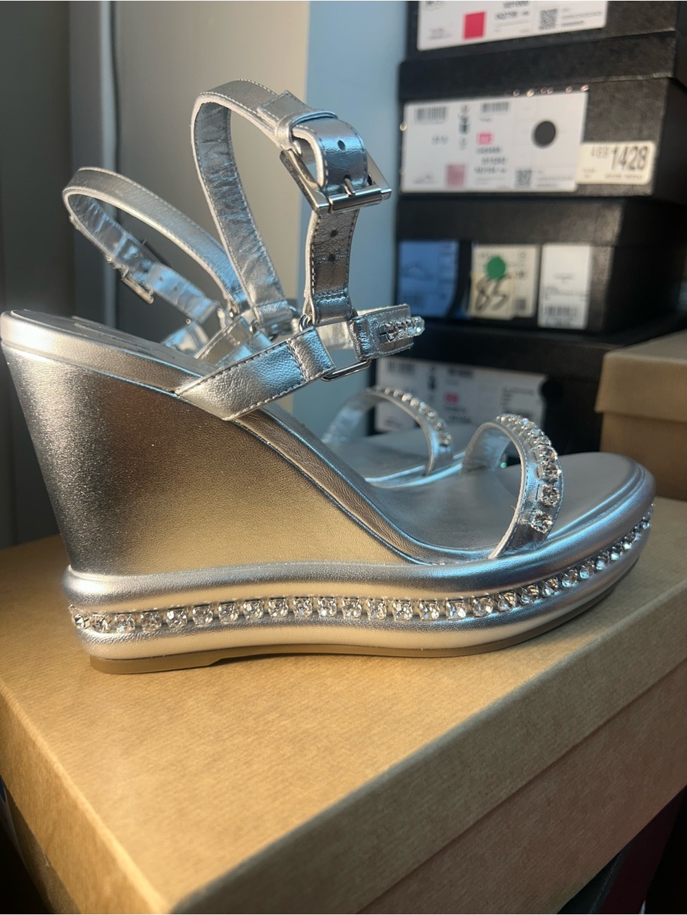Christian Louboutin Silver Crystal Platform Sandals with Ankle Strap - Picture 7 of 9